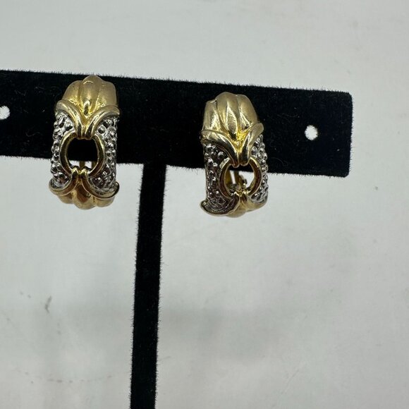 Vintage Two-Tone Gold & Silver Clip-On Earrings With Textured Design - Picture 1 of 5